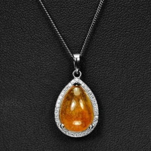 925 STERLING SILVER PENDANT YELLOW SAPPHIRE PEAR CABOCHON & WHITE CZ GEMSTONE - Picture 1 of 8