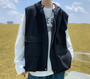 Men's Spring Fashion Hood Loose Sleeveless Jackets Youth pocket Cargo Vest Coat - Picture 1 of 13