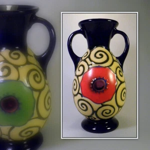Czech DECO 2 handled Vase. Large Poppy & Scroll Hand Painting - Picture 1 of 15