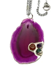 Natural Geode Slice Druzy Purple Agate Silver Plated Pendant Necklace Amethyst - Bild 1 von 24