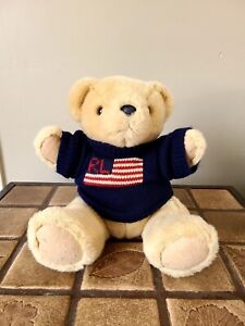 Vtg 1996 Ralph Lauren Teddy Bear Stuffed Plush RL Flag Sweater 15” Jointed Legs