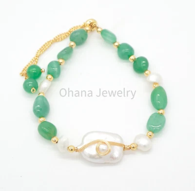 Pulsera de cobre ajustable de perlas de agua dulce de jade verde natural - envoltura de perlas Foto 1 de 3