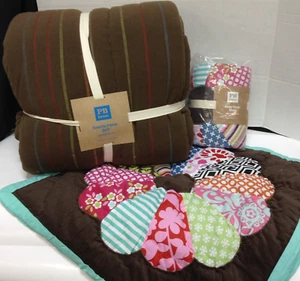 Pottery Barn Teen Favorite Fleece Funky Bed Quilt blanket F/Q Brown 2 EURO Shams - Picture 1 of 7