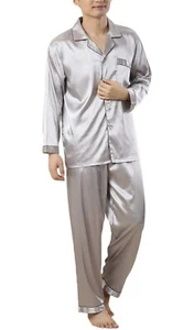 Men’s Satin Pajamas Set Long Sleeve Button-Down Sleepwear with front pocket - Picture 1 of 4