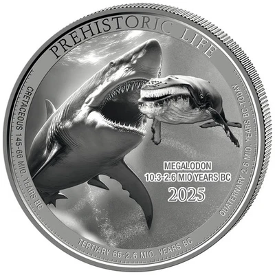 Prehistoric Life II. Megalodon  (5.)  1 oz 999 Silber Kongo 20 Francs 2025 ST - Bild 1 von 2