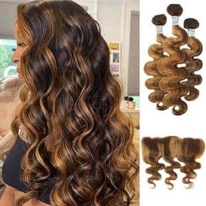 4/27 Honey Blonde Highlight Human Hair Bundles With Frontal Closure Body Wave... - Picture 1 of 8
