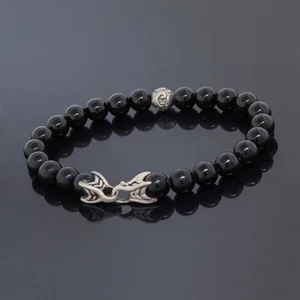 D Yurman Herren 925 Silber Akzent Welle 8 mm Schwarz Onyx Spirituelle Perlen Armband 8,5" - Bild 1 von 6