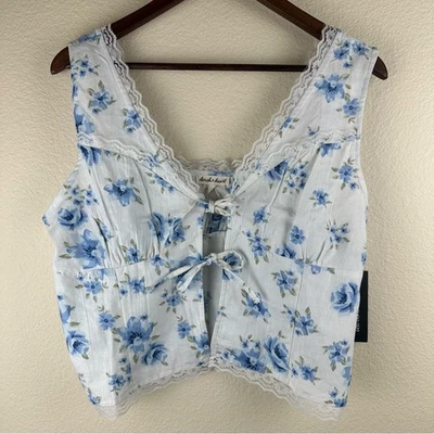 Derek Heart Blue Rose Floral Print Tie Front Crop Top Women XL Lace Trim Cottage - Image 1 of 4
