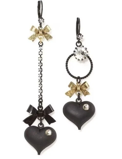 Betsey Johnson Authentic Jewelry Black Heart Crystal Bow Mis Match Earrings