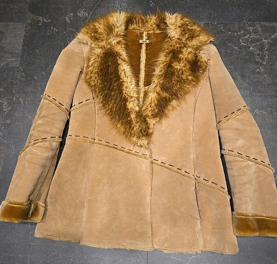 Winlit Leather Penny Lane  Patchwork Seam Faux Fur Trim Jacket Ladies Coat Sz M - Image 1 of 4