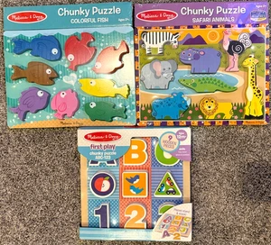 Lot Of 3 Melissa & Doug Chunky Puzzles Fish, Safari Animals, ABC-123 Sealed - Picture 1 of 8
