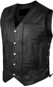 Men Side Lace Denim Style Biker Motorcycle Leather Vest Gun Pockets Carry Arms3 - Picture 1 of 5