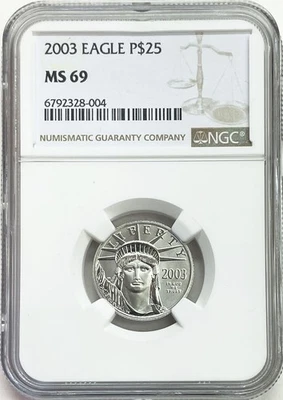 2003 PLATINUM $25 AMERICAN EAGLE 1/4 OZ STATUE OF LIBERTY COIN NGC MINT STATE 69 - Image 1 of 2