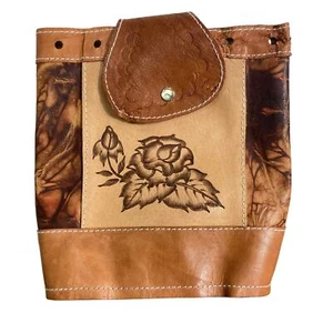 Vintage mexikanischer handgefertigter Leder Rucksack braun Blumenmuster - Bild 1 von 13
