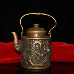 Collect Chinese old pure copper inlaid gem dragon statue wine pot decoration - Picture 1 of 9
