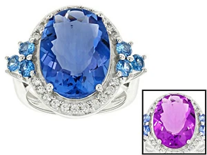 Anillo de plata de 10,20 quilates de fluorita con cambio de color, espinela creada de 0,66 quilates y circón de 0,37 quilates - Imagen 1 de 5