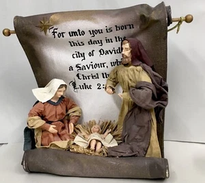 Mary And Joseph And Baby Jesus Figure Fabric Scroll with Proverb Luke 2:11 Decor - Picture 1 of 12