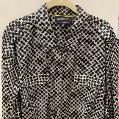 Jones New York Women Sz 3X Blouse Navy  & Lime Green Squares Polyester LS - Image 1 of 4