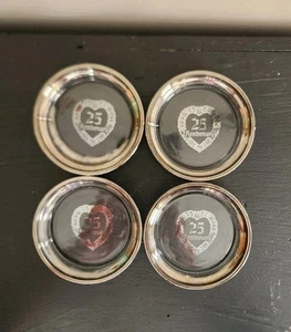 4 Vintage 25th  Anniversary Ashtrays/Coasters  Clear Glass Silver Trim Design - Picture 1 of 4