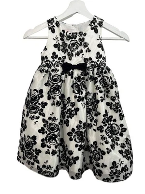 Girls Party Dress Size 4 White Black Floral Velvet Bow Sleeveless Fit Flare - Image 1 of 4