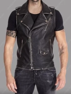 ZM Mens Genuine Sheep Leather Pockets Motorcycle Biker Vest Coat Black - Picture 1 of 3