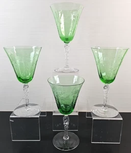 4) Fostoria Green Floral Water Goblets Set Vintage Optic Cut Stemware 5097-4 Lot - Picture 1 of 24