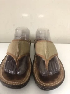 UGG Brown Leather Fabric Flip Flop Sandals Shearling Lined #1612 Women’s Size 10 - Picture 1 of 19