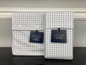 Ralph Lauren Organic Cotton Tattersall Flat Sheet 2 King Pillowcases Navy White - Picture 1 of 8