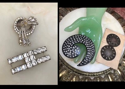 LOTE DE 4 PIEZAS) JUEGO DE CANALES ART DECO AÑOS 30 Y HEBILLAS Egyptian Rev y PIN estilo Derosa Foto 1 de 4