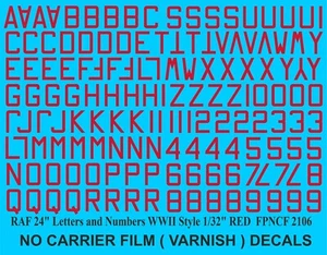RAF 24" LETRAS NÚMEROS tobogán acuático transferencias calcomanías FPNCF-2106 ROJO ESCALA 1/32 - Imagen 1 de 3