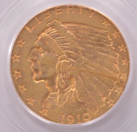PCGS $2.50 1910 Indian Quarter Eagle Lamination Obverse AU53 Cover