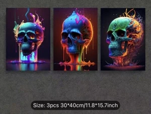 Three (3) Abstract Neon Skulls Canvas Wall Art Flame Poster Prints Set Lot - Picture 1 of 4