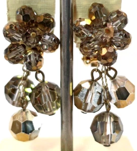 Vintage Signed Pearlcraft Smoky Topaz AB Crystal Dangle Cluster Clip Earrings - Picture 1 of 6