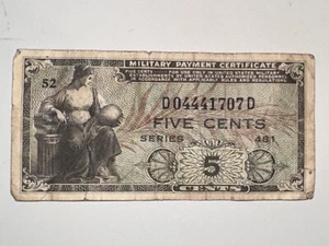 1946 Series 481 Military Payment Certificate – 5 Cents WWII Era MPC - Occupation - Picture 1 of 2