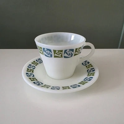 Vintage JAJ Pyrex Checkers Cup & Saucer VGC Milk Glass - Image 1 of 4