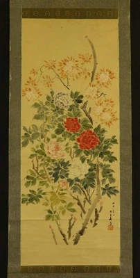 ARTE DE ROLLO COLGANTE JAPONÉS Pintura "Flores" Asiática Antigua #E8766 Foto 1 de 4