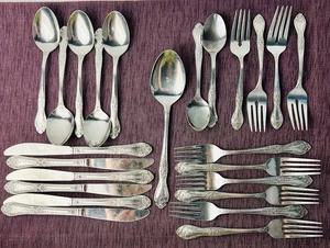 ROGERS CO Lot 24 Pieces LOVE JOY Stainless Flatware Knives Forks Spoon Serve - Picture 1 of 4