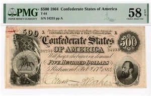 1864 $500 Confederate States of America T-64 PMG AU58 EPQ-Mr. Stonewall - Picture 1 of 2