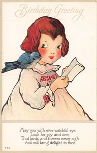 Postal: Felicitación de cumpleaños, niña y poema, en relieve, DB 1910 - Imagen 1 de 2