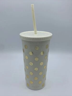 KATE SPADE GOLD POLKA DOT PRINT 16OZ THERMAL TRAVEL MUG COFFEE CUP HOT COLD - Image 1 of 4