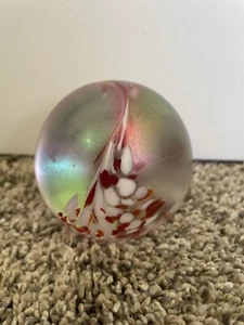Vintage Iridescent Red White Swirl Frosted Glass Paperweight - Picture 1 of 8