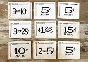 Tarjetas de precio de tienda McCrory años 30 vintage de cinco y diez centavos de departamento general McCrory - Imagen 1 de 5