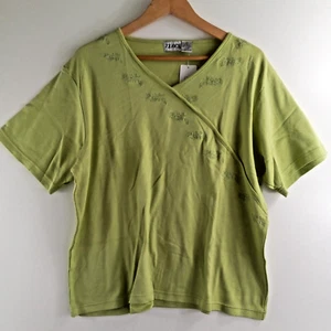 Vintage Jenny Top Shirt Women's Size 1X Green Embroidered Short Sleeve V-Neck - Picture 1 of 6