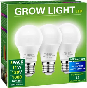 Full Spectrum LED Grow Light Bulbs E26 Base, 11W Equivalent, 3 Pack - Picture 1 of 12