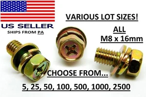 USA! (5 to 2500 PACK) Phillips Hex Head M8 x 16mm SEMS Flat/Split Washer Bolt NH - Picture 1 of 5