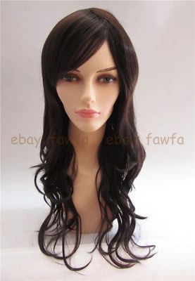 Peluca larga de onda rizada marrón oscuro flequillo de cabello sintético mujeres niñas disfraces peluca completa Foto 1 de 4