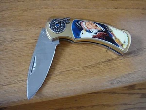 Unbranded Indian & Eagle Fold 2 3/4" Blade Stainless Steel & Brass Colored Knive - Picture 1 of 1