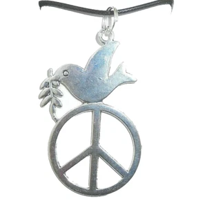 New Large PEACE Sign with Dove Silver-tone Pendant 18" - 20" Black Necklace - Picture 1 of 3