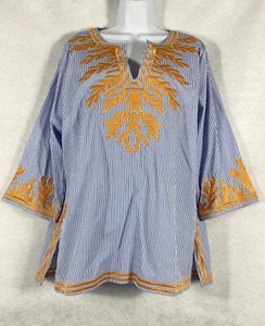 Gretchen Scott Top Women’s XL Blue White Striped Embroidered 3/4 Sleeve - Picture 1 of 11
