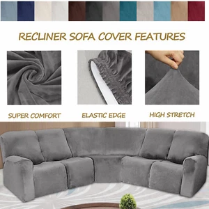 Stretch Velvet Recliner 5 Seater Corner Sectional Sofa Cover L-Shape Couch Cover - Imagen 1 de 239